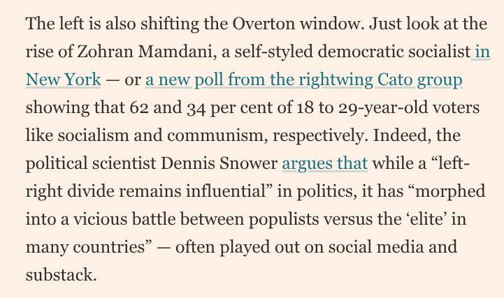The left is also shifting the Overton window. Just look at the rise of Zohran Mamdani, a self-styled democratic socialist in New York — or a new poll from the rightwing Cato group showing that 62 and 34 per cent of 18 to 29-year-old voters like socialism and communism, respectively. Indeed, the political scientist Dennis Snower argues that while a “left-right divide remains influential” in politics, it has “morphed into a vicious battle between populists versus the ‘elite’ in many countries” — often played out on social media and substack.