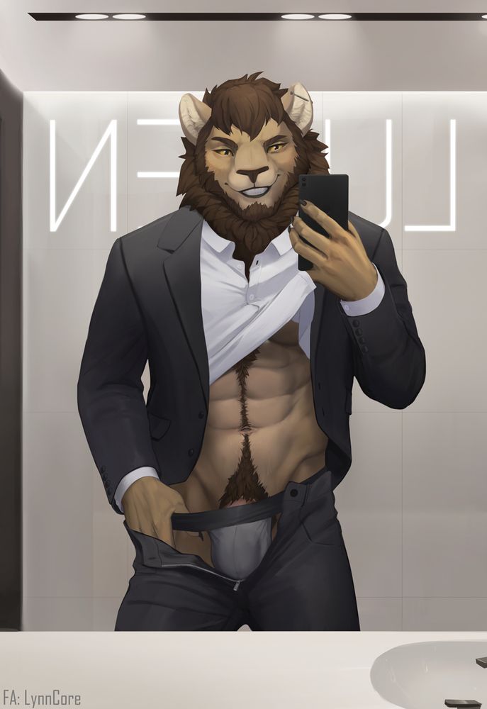 Silus is taking a selfie; he has his shirt pulled up to expose his abs while his slacks are open and lowered to show off his jock. He's tugged the strap down to show off his thick dick root.