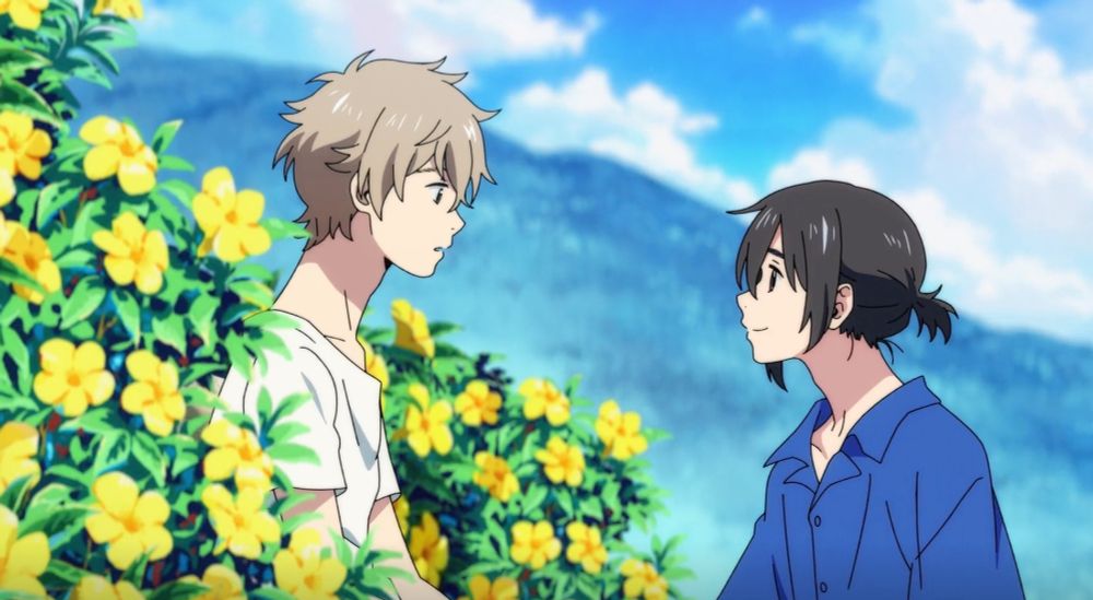 screenshot from stranger on the shore, mio and shun looking at each other, shun sitting in some flowers
