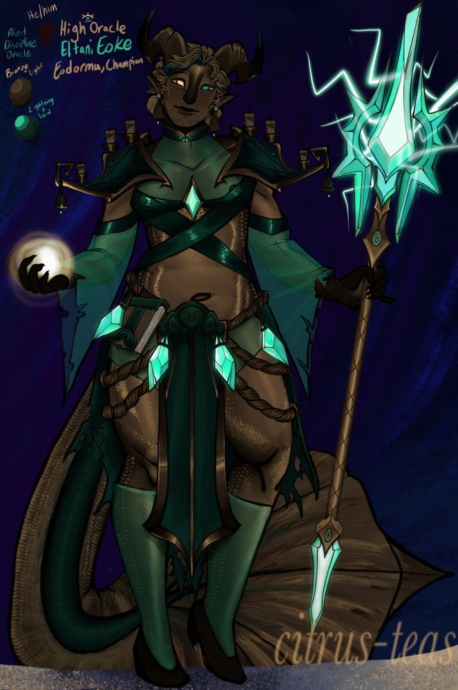  A full body painting of my bronze dragon priest's dracthyr visage in a pthalo green strappy outfit. He is  holding a glowing green crystal staff in one hand and a ball of Light energy in the other. Text reads "He/Him, Eltani Eôké. Eodormu, Champion. Priest, Discipline, Oracle.  Bronze/Light, Lightning/Void." There is also a small horde symbol.