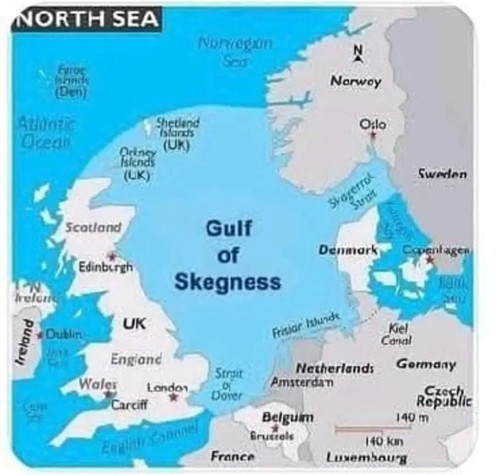 Map showing the sea between the east side of the UK and northwest Europe renamed as the Gulf of Skegness.