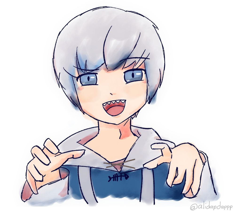 from 2022. A roughly colored bust up sketch of Hololive Talent Gawr Gura. her hands are up making a sort of "cat paws" pose, her mouth is open, and her right eyebrow is raised. she is lacking her hair accessories and her hair has been cut above chin length.