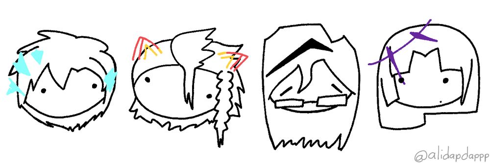 from 2022. a simple black-and-white doodle of: Regis Altare, Axel Syrios, Noir Vesper, and Magni Dezmond all with very minimal features like dot eyes and no mouths. color only placed in their most defining features: Altare's head crystals being blue, Axel's ear add-ons being yellow and orange, Vesper's single black strip, And Magni's halo being purple