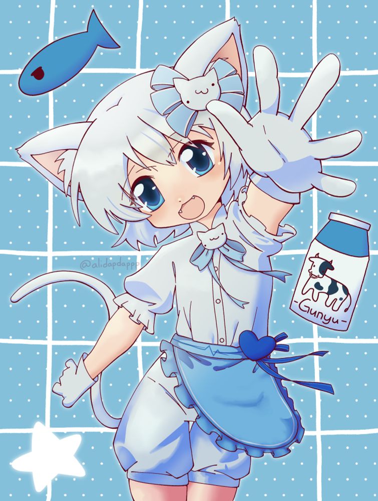 fan art of Milk from the arcade rhythm game series Maimai. she is a cat girl with fair skin, short white hair, and a white tail. Milk is wearing a modified version of her default outfit, the short puffy sleeves are connected to her blouse and her blue apron has ruffles. the style of the fan art is loosely inspired by 2000s anime illustrations. Milk's left hand is reaching out towards the viewer. there is a jar of milk and a crudely drawn fish next to her that were previously seen from the Oshama Scramble! MV