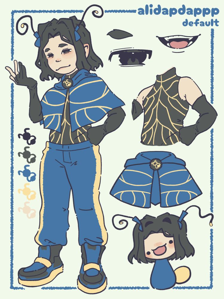 reference sheet of my online persona, alidapdappp or just "dap". a short person with a relatively slim(?) build. fair skin, chin-length straight black hair that gets wavy at the end. almost pure black eyes, and oval eyebrows.

there are clip- bug antennae that have yellow bulbs at the end. a blue hooded capelet that has yellow bug wing patterns with has a black medallion with a firefly emblem at the center, a sleeveless black turtleneck with a similar wing patterns, long black gloves that have no finger slots on the thumb, index, and middle finger, blue baggy pants with a solid yellow line running down at each side, and black high-top velcro sneakers with blue and yellow accents
