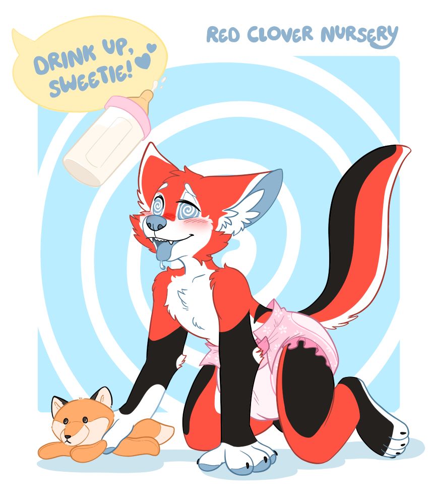 An ABDL red, white, blue and black fox furry in a pink flowery diaper, on his hands and knees, drooling and under a hypnosis spell by an off-screen character (presumably Mags, a cow mommy). He is holding his orange fox plushie in one paw and blushing while looking up to a baby bottle full of milk and a callout bubble which reads, "Drink up, sweetie!"