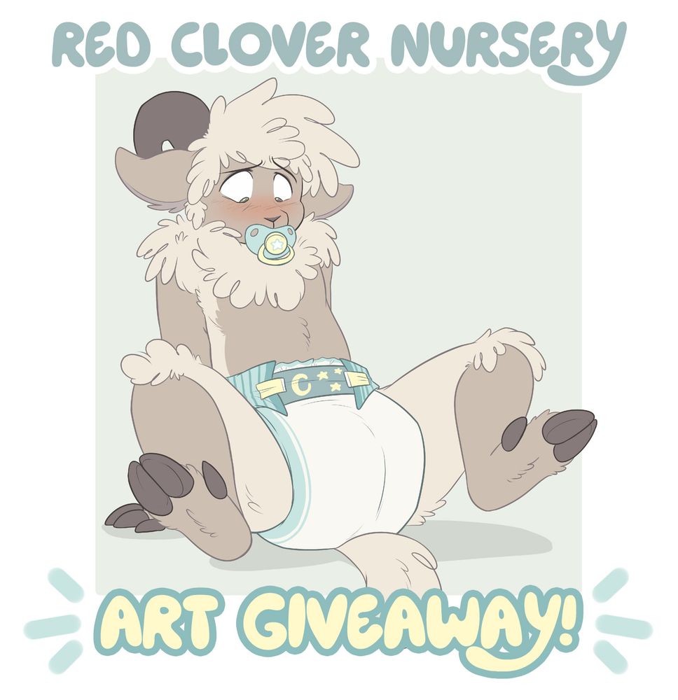 An image of Blaise, an anthro sheep, with an embarrassed expression and a pacifier in his mouth, sitting back with his legs spread showing his thick diaper. Art is ABDL themed furry work.