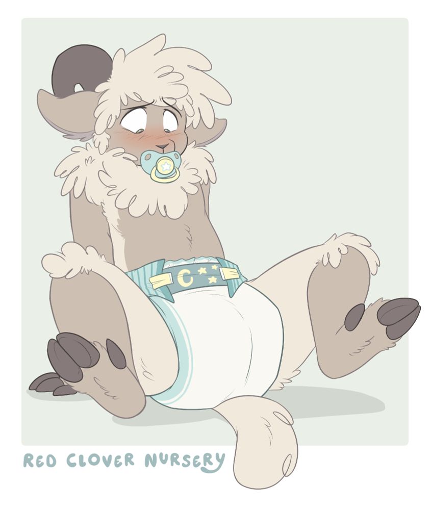 An anthro sheep sitting while leaning back on his arms, blushing brightly while looking down at the diaper between his spread legs, with a pacifier in his mouth.