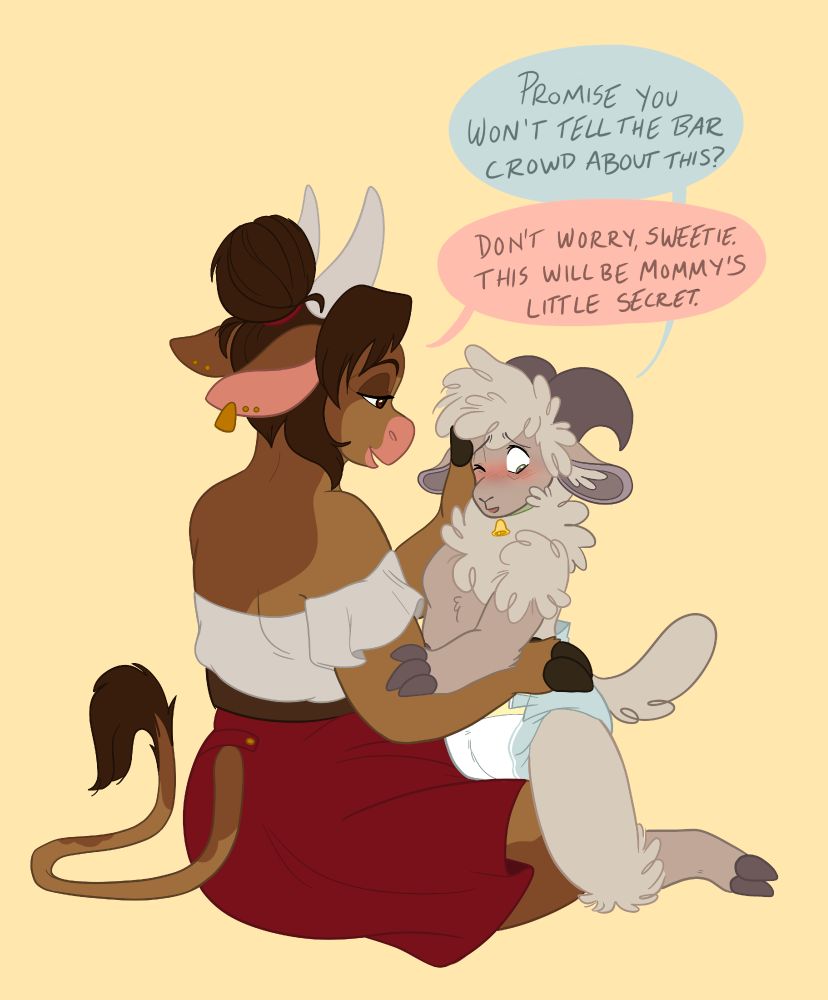 Blaise, a sheep, straddles his cow partner Mags' lap as she holds him tenderly. He's dressed in just a diaper and a bell collar, and she's in a cream toned top and red skirt. Blaise is blushing brightly, asking, "Promise you won't tell the bar crowd about this?" Mags reassures him, "Don't worry, sweetie. This will be Mommy's little secret."