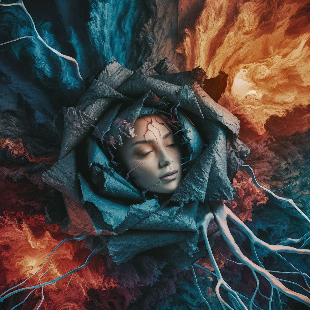 A mesmerizing surreal artwork showcasing a woman's face gently emerging from a whirlwind of vibrant textures. The composition resembles torn paper and organic materials, with swirling patterns of deep blues, fiery reds, and golden hues. The woman's serene expression contrasts with the chaotic backdrop, as neural-like structures stretch across the surface, representing connection and transformation. The harmonious balance between the face and the surrounding turmoil creates a thought-provoking and visually stunning piece., vibrant