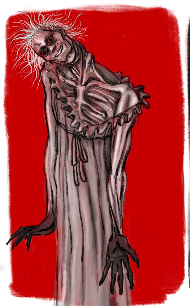 A sinewy woman in a too large night gown with a broken neck, her head rests on her shoulder as she gazes with blood red eyes.