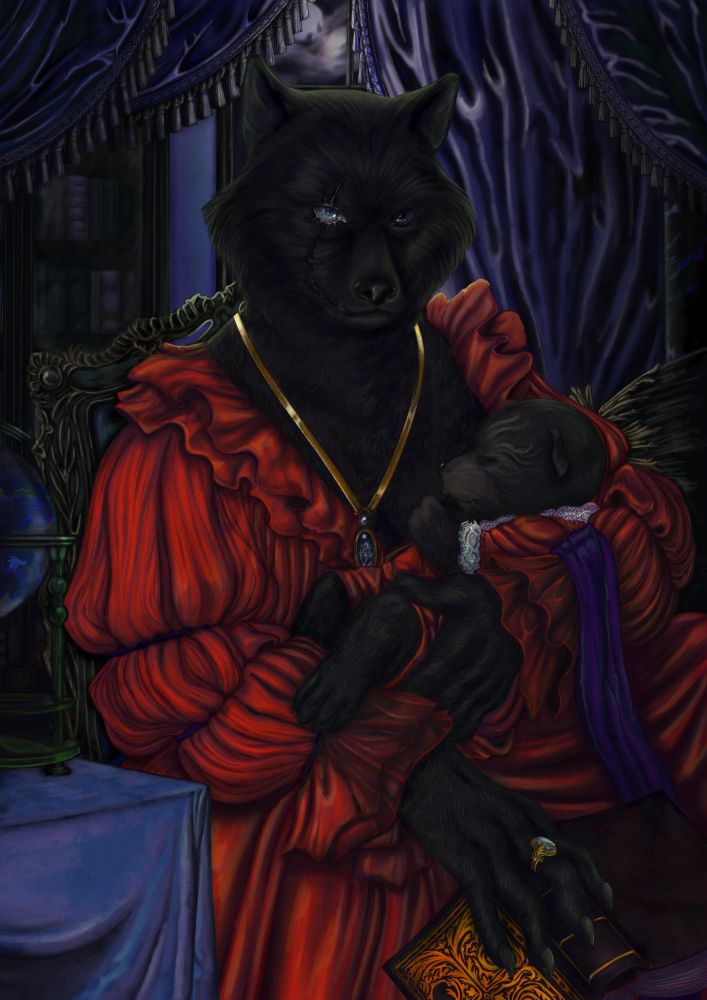 Digital portrait of black anthro wolf in a red ruffle dress holding a sleeping infant wolf in her arms. They are seated in a dark room with the mother staring straight ahead. The mother also has a crescent shaped scar going from her mouth to her eye.