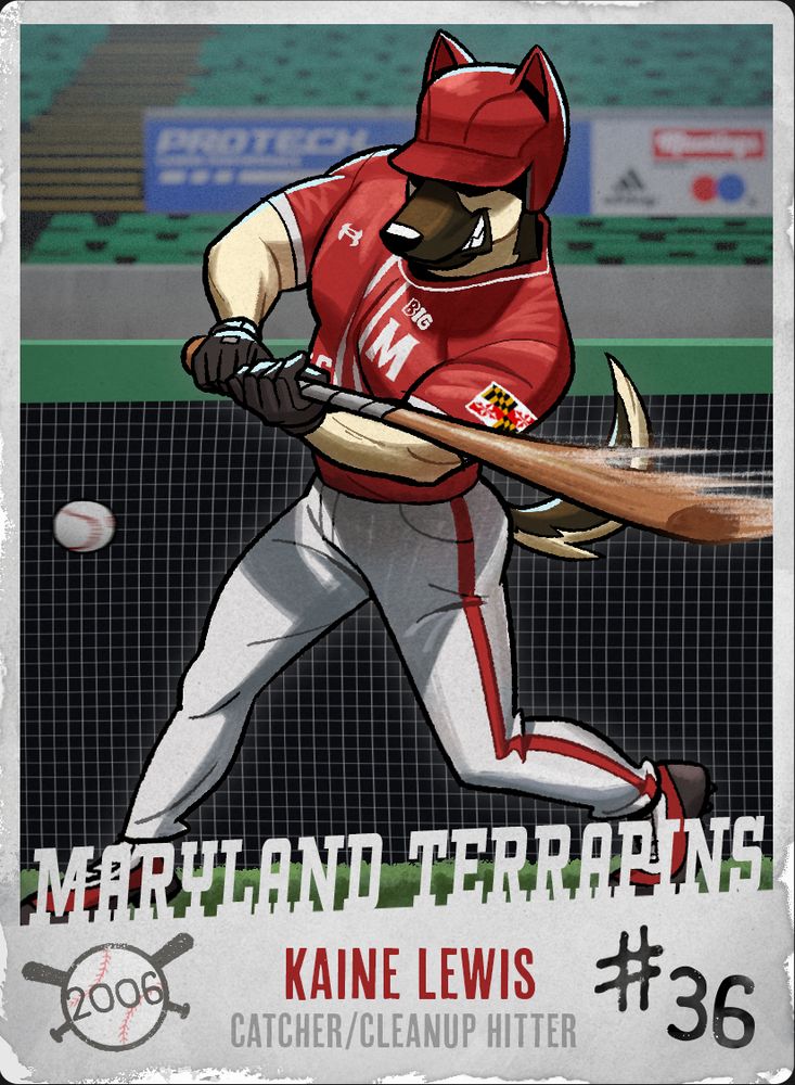 A baseball card illustration of a german shepard character (he/him) up to bat, mid swing, about to hit a ball. His uniform is that of the Maryland Terrapins college baseball team. 