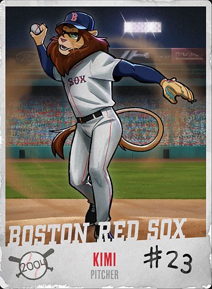 Custom baseball card with a male lion character winding up for a pitch, facing the viewer. A full stadium is behind him.