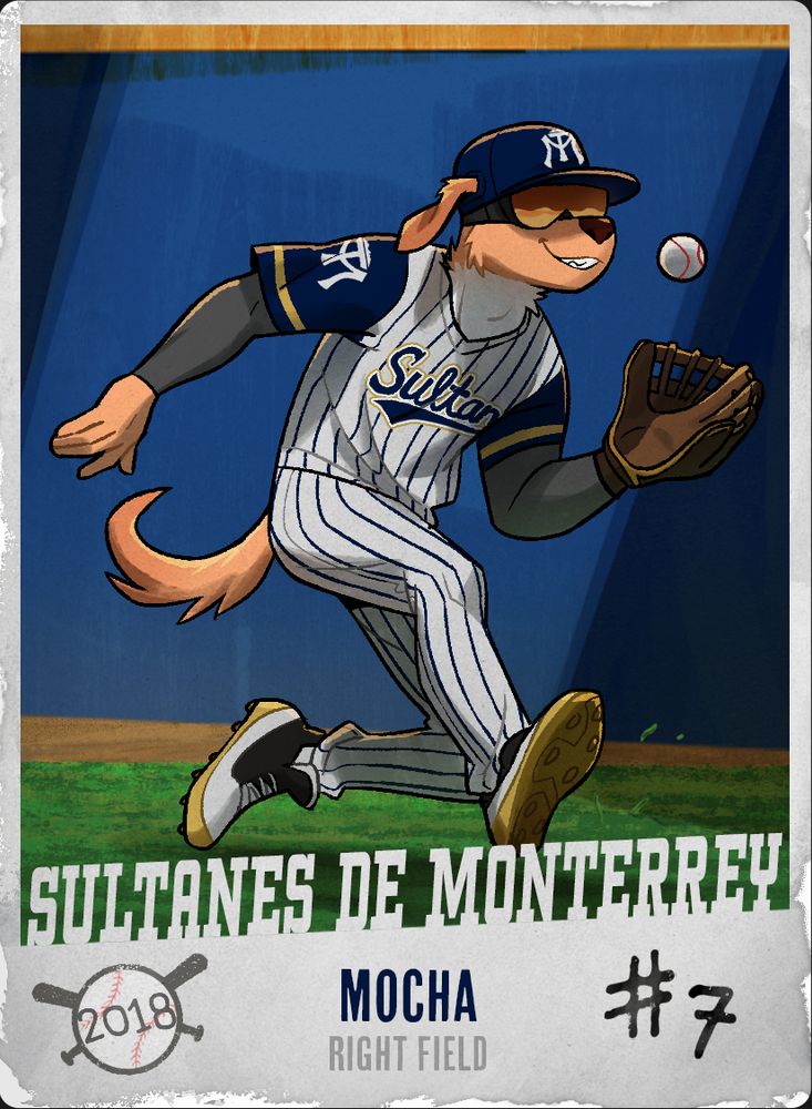 Baseball card illustration of an golden lab dog character in the uniform for the real team: Sultanes de Monterrey. He is running towards the viewer to catch a ball in the outfield.