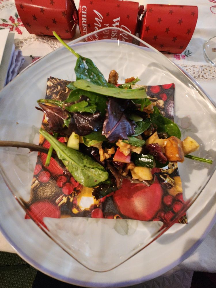 Salad with Spring mix, roast yam, cranberry, goat cheese, avocado, apples, pecans