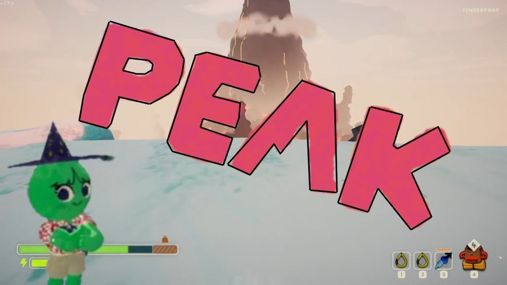 Video thumbnail for "Peak", a mountain climbing game. The title is in bold red with a black outline in the forefront, at a slight downward tilt across the image. There is a volcano emerging out of mist in the background behind the title, and it appears as though the viewer is cresting a snowy hill to look at it. There is also a cute green player figure in the bottom left with their arms crossed, wearing an Aloha shirt. khaki shorts, and a pointy witch's hat.