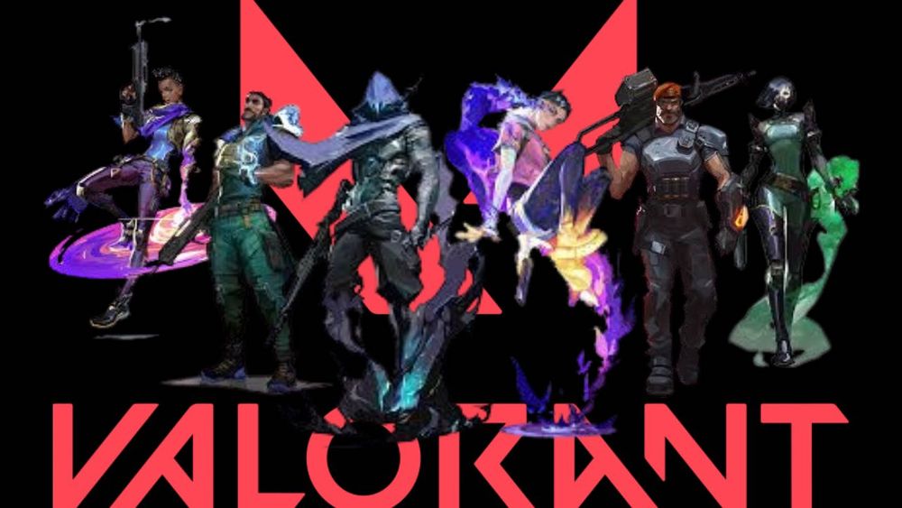 A lineup of Valorant’s current controller agents on a black background with the ‘V’ logo in the background and the title “Valorant” along the bottom edge. From left to right/ Astra, Harbor, Omen, Clove, Brimstone, and Viper. 
