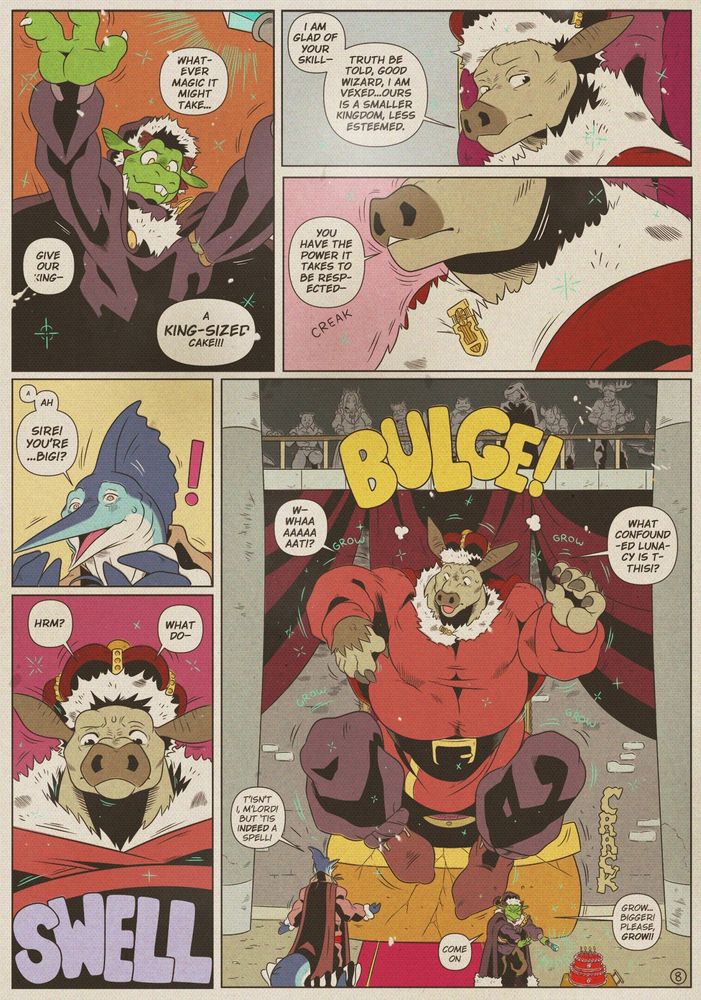 Xander's spell is working, all right–just not on the cake! He seems to be making the shocked King Edgar bigger, instead!!