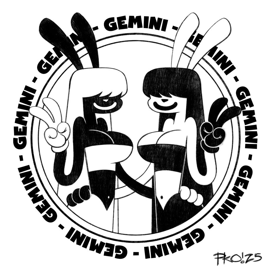 two cartoon rabbits holding each other by the waist, one black rabbit with white hair and white clothes and one white rabbit with black hair and black clothes. they sre surrounded by a ring and the repeating word 'GEMINI'