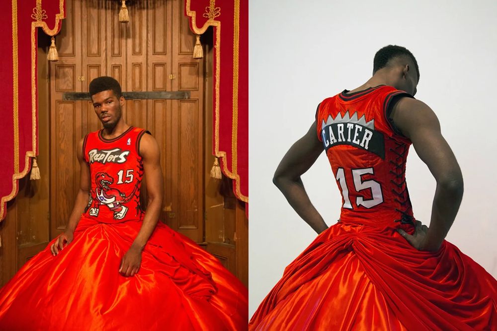 photo of a basketball player wearing a large red gown tailored to look like a Raptors basketball jersey