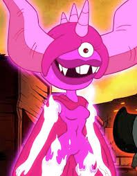 Pyronica from Gravity Falls, a pink, fire based monster with large horns and a cyclops eye