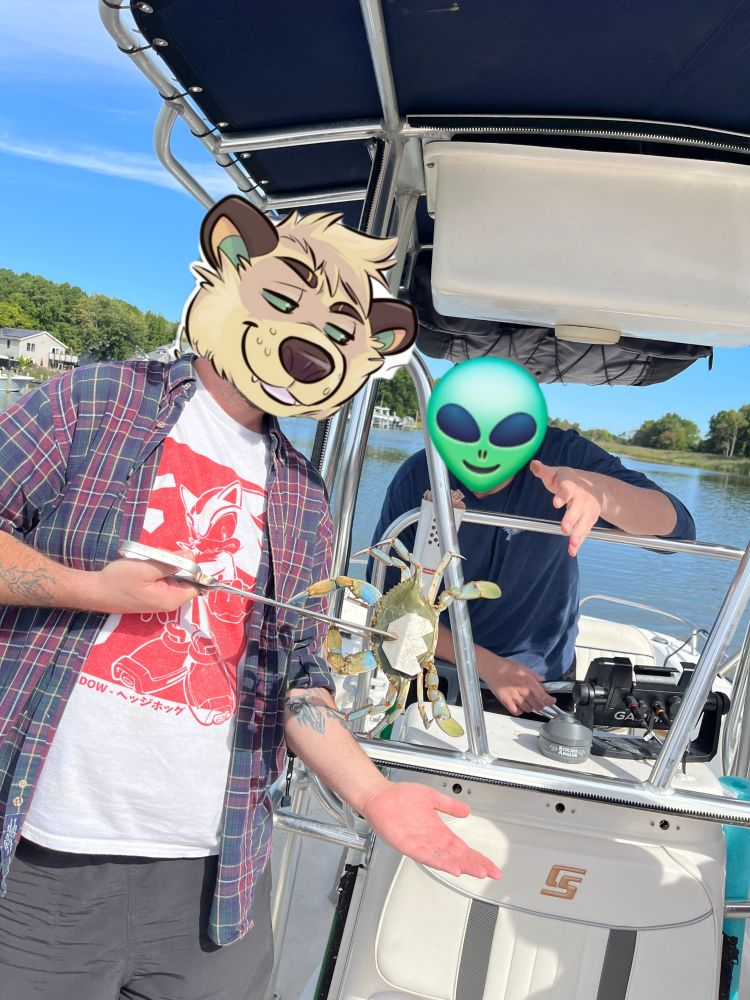 A man showing off a crab on a boat driven by some sort of alien 