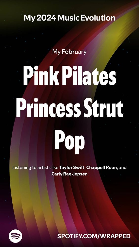 Spotify wrapped February genre: Pink Pilates Princess Strut Pop with artists like Taylor Swift, Chappell Roan, and Carly Rae Jepsen