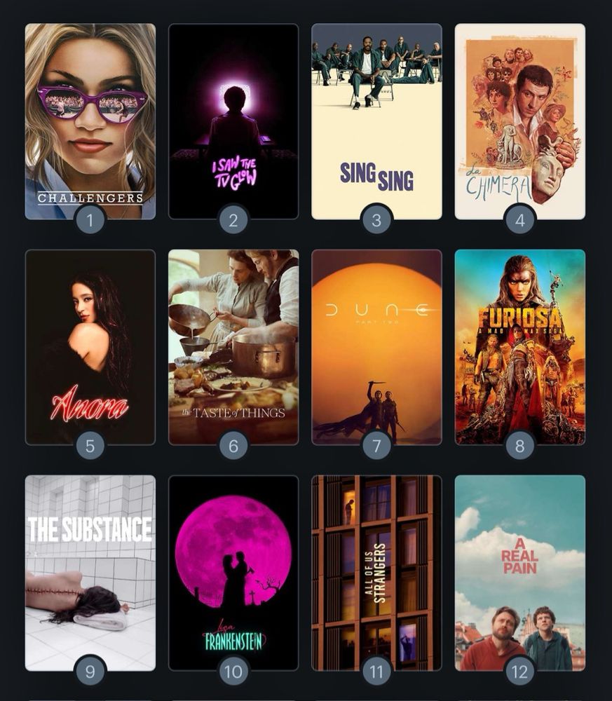 My top 12 movies of 2024 on Letterboxd:
1. Challengers
2. I Saw the TV Glow
3. Sing Sing
4. La Chimera
5. Anora
6. The Taste of Things
7. Dune Part 2
8. Furiosa
9. The Substance
10. Lisa Frankenstein
11. All of us Strangers (which was actually a 2023 movie but not in theaters in my area until 2024)
12. A Real Pain