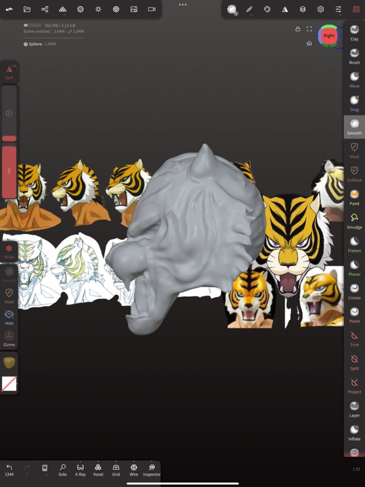 Side view of a 3d model in Nomad Sculpt of Tiger Mask W’s mask.