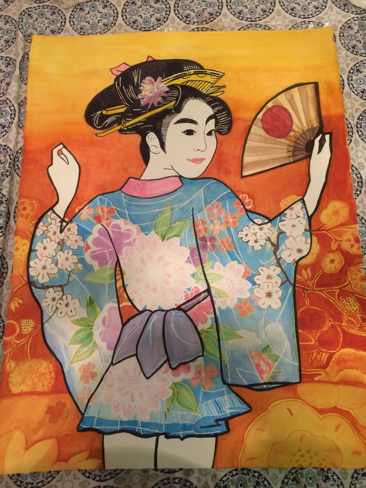 Watercolor painting with ink of a geisha in a modern style dress.