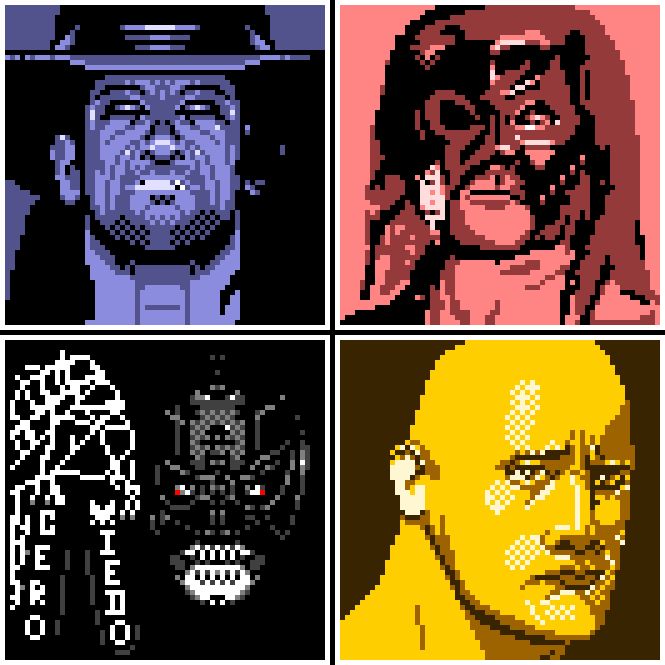 Limited palette WWE Portraits done in pixelart. Including the Undertaker, Kane, Penta, and The Rock.