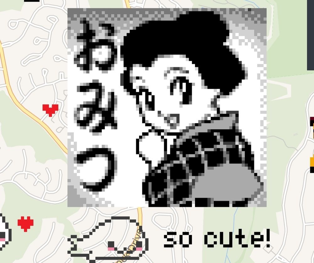 Pixel art of Omitsu, from the Mystical Ninja series overlayed onto a Google Maps style app called wplace, alongside other cute pixel art pieces. This picture is also my current profile pic.