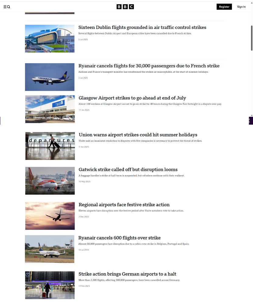 A random selection of BBC articles related to air-traffic disruptions as a result of personnel going on strike.