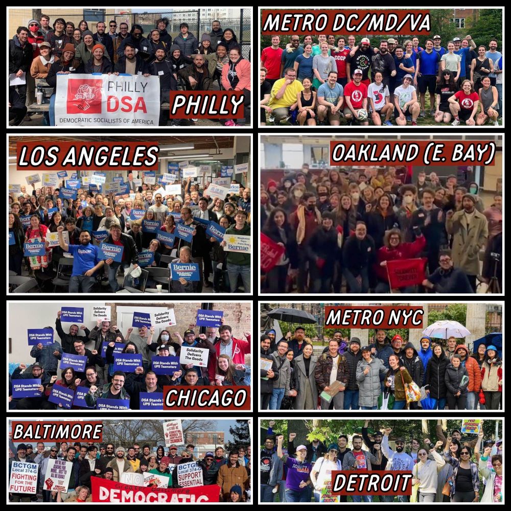 DSA chapters from LA, Philly, DC, Oakland, Chicago, NYC, Baltimore, and Detroit. There is a notable lack of Black folks.