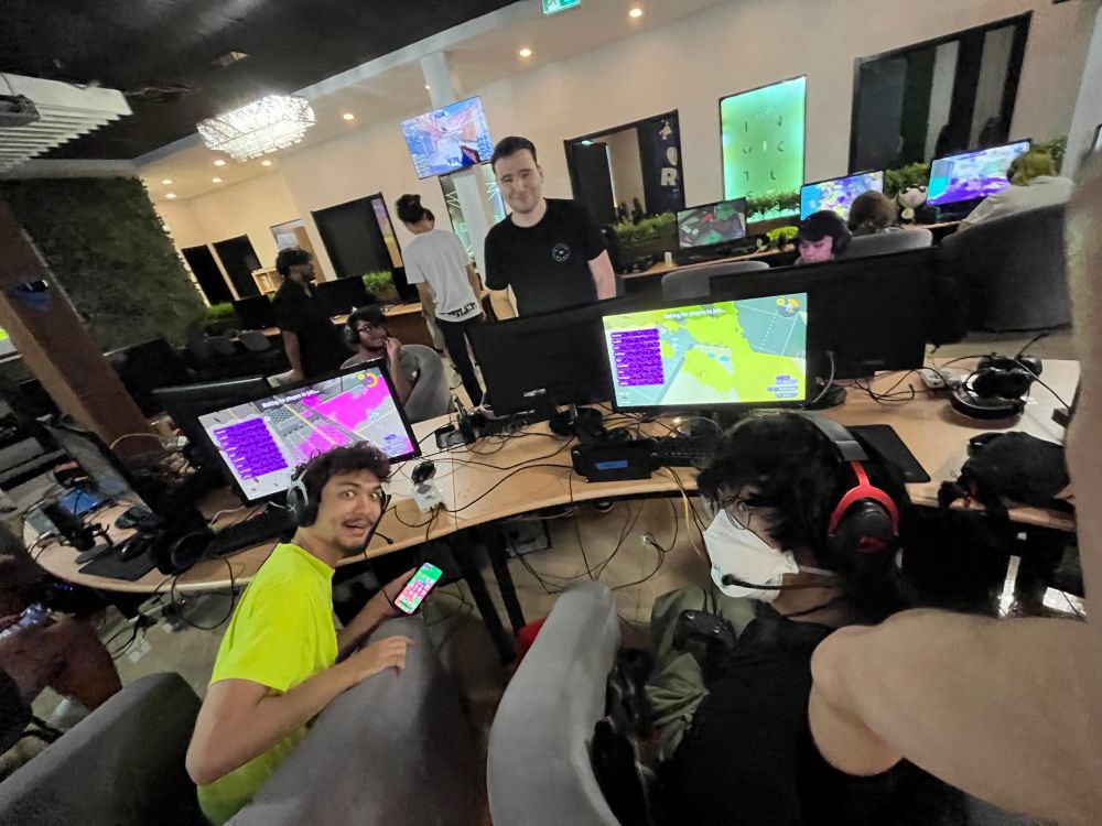 Wide angle selfie at the game stations. Left to right, yoshi, gold, me