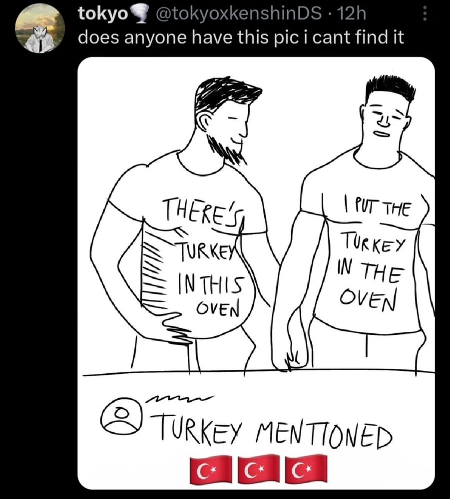 Tweet: "does anyone have this pic i cant find it" 
Picture of two men wearing t-shirts: "there's a turkey in this oven" and "I put the turkey in the oven" and the caption "turkey mentioned!" 