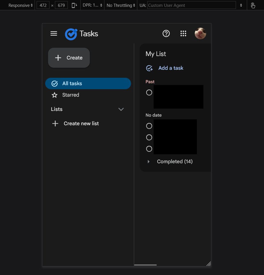 Google Tasks cutting off half the page
