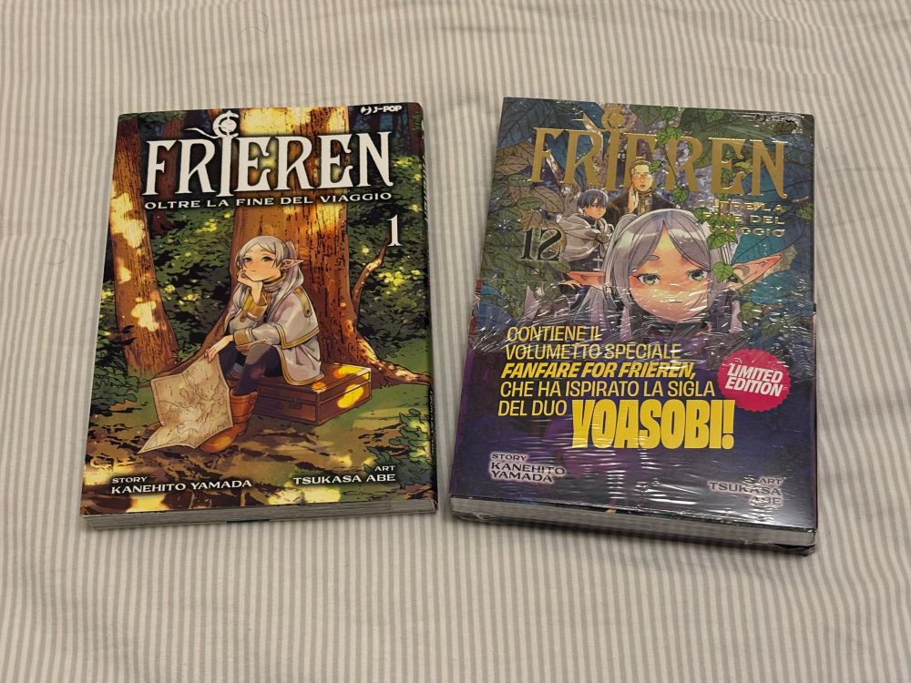 first (variant cover) and twelfth (limited edition w/ Fanfare for Frieren) tankōbon of Frieren