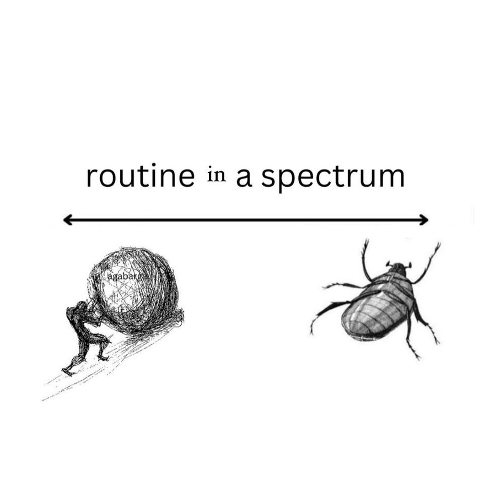 escrito "routine in a spectrum" com uma seta apontando para dois lados, em uma ponta o desenho de Sísifo empurrando a pedra e na outra ponta uma barata representando a obra A Metamorfose de Kafka