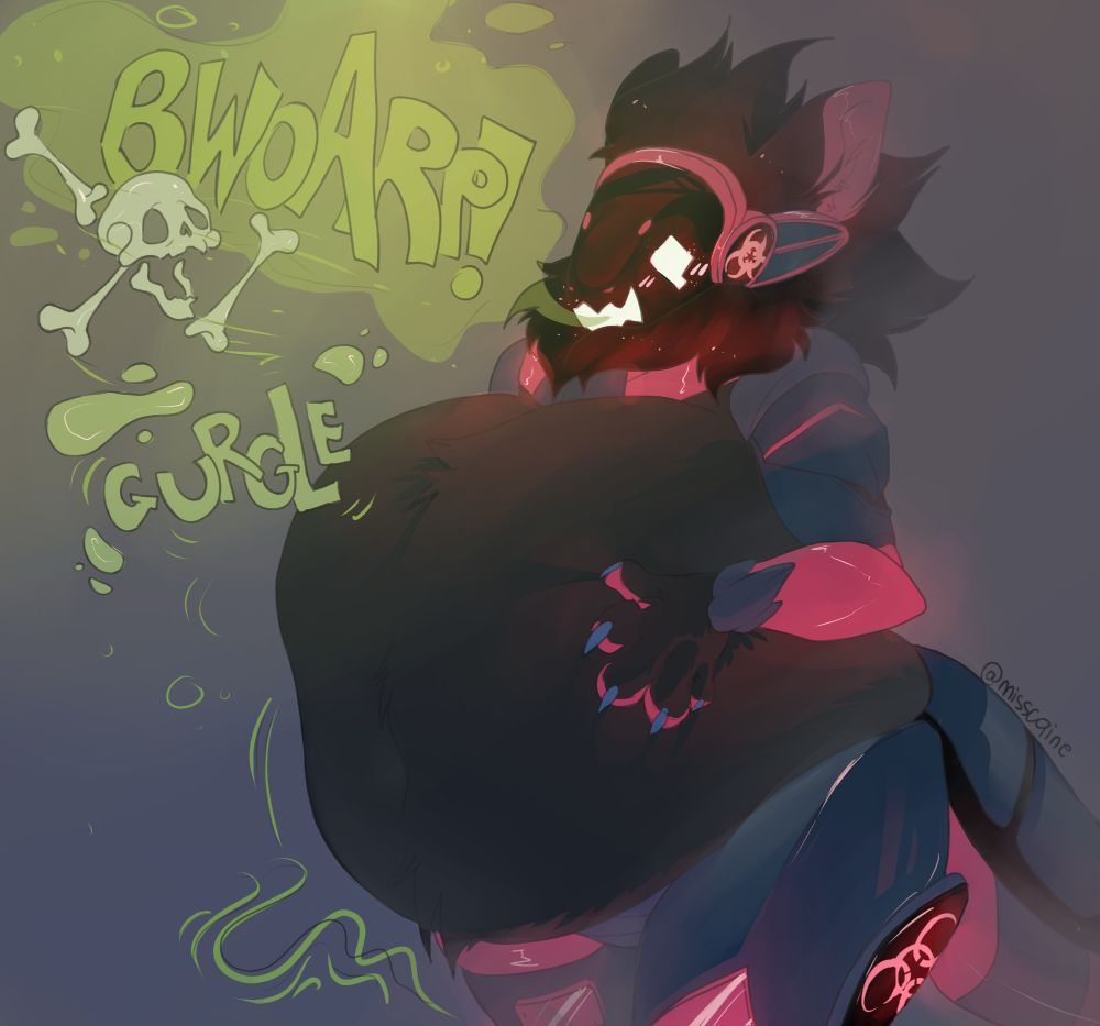 BaSURA with a massive round belly belching up a skull and multiple bones.