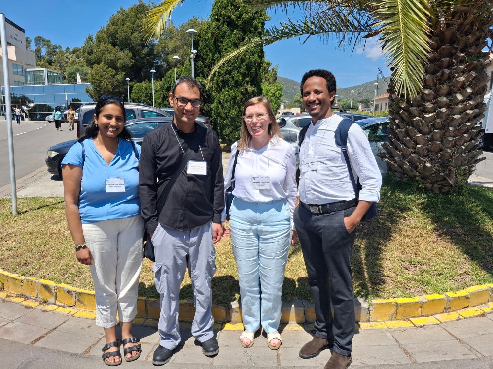 Picture of 4 colleagues standing outside the Rey Jaime Hotel in Barcelona,where the Gordon Research Conference on malaria was held May 25-29th 2924. Left to right - Nilani Chandradeva, Imperial College, Nakul Chitnis, Swiss Tropical Public Health Institute,  Heather Ferguson, University of Glasgow & Fitsum Tadesse, Armauer Hansen Research Institute