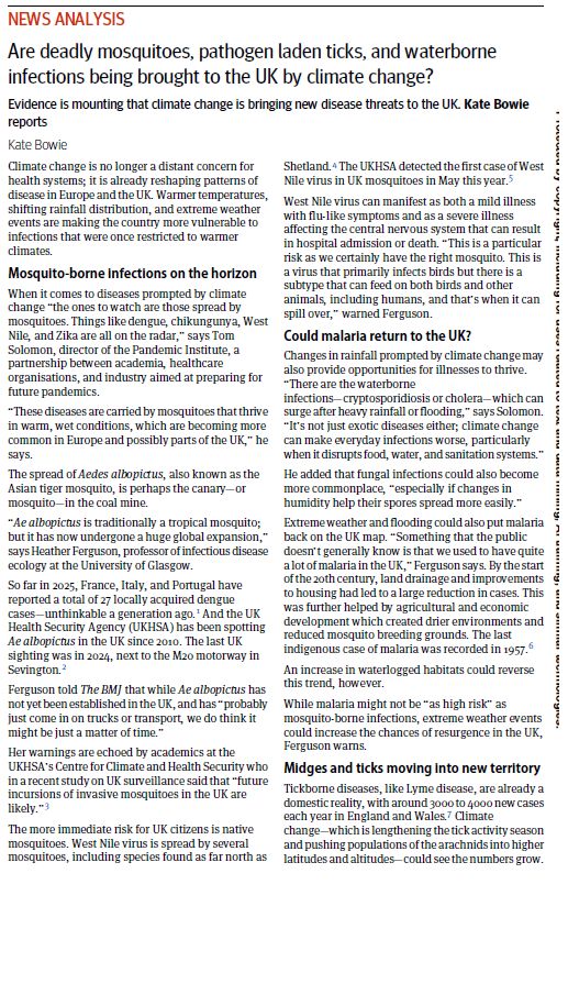 Screen shot of the 1st page of news article in British Medical Journal, Oct 31st 2025, with title "Are deadly mosquitoes, pathogen laden ticks, and waterborne infections being brought to the UK by climate change?" Article has interview with Heather Ferguson and other scientists discussing risk of vector-borne disease in the UK under climate change.  