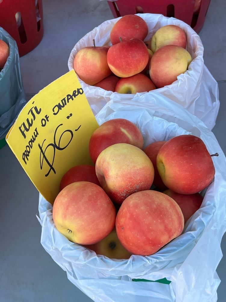 Baskets of Fuji Apples priced at $6.00 CAD found at local Farmers Market. Japan cross-pollinated the Red Delicious and Virginia Ralls Janet apple varieties to create the Fuji apple. The Fuji apple is a sweet, crisp, and juicy apple with a long shelf life. 