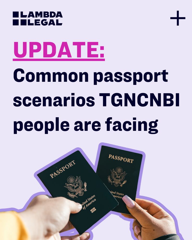 Purple background with a photo of two hands holding passports. The text reads, "Update: Common passport scenarios TGNCNBI people are facing." Photo below of two hands holding passports.