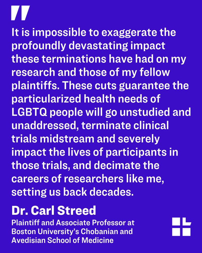 Purple background with a quote from plaintiff Dr. Carl Streed. The quote can be read in full in our press release.