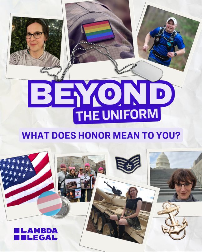 White background with photos of plaintiffs from the case Shilling v. Trump and purple text that reads, "Beyond The Uniform: What does honor mean to you?"