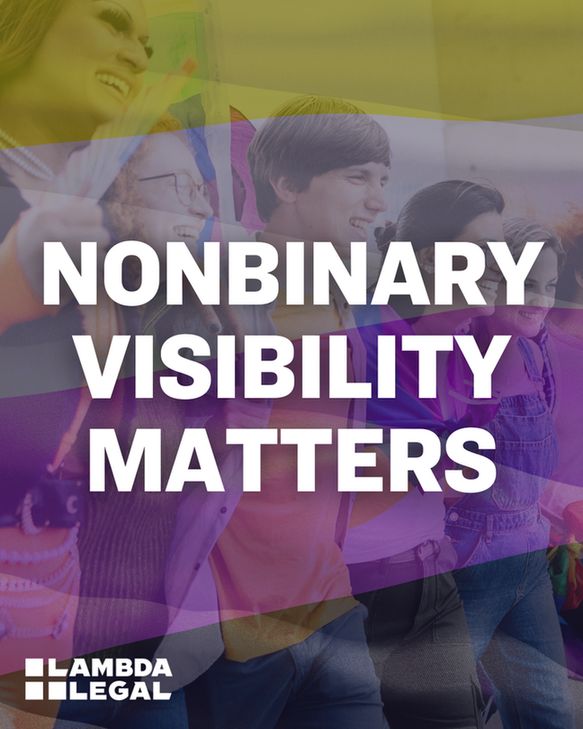 Photo of smiling group with the nonbinary flag colors of yellow, white, purple, and black overlayed. Text on top reads, "Nonbinary Visibility Matters."