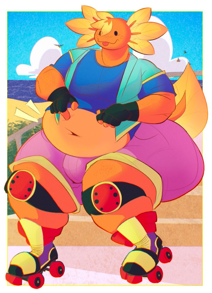 *shaking and trembling* big chubby happy axolotl guy welcomely poking his big chubby belly it’s a bright sunny day and i want him to hold my hand as we skate around the beach i just wan- *falls off stage*