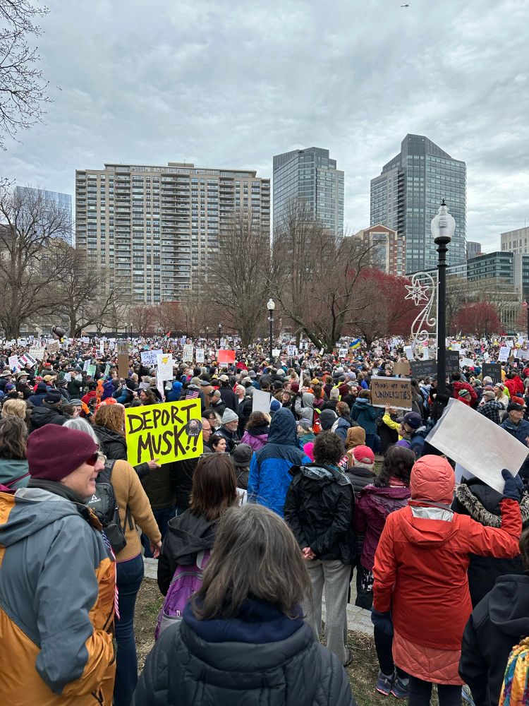 Hundreds of people in a
Park with protest signs, one saying Deport Musk